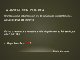 A ARVORE CONTINUA BOA
O Cristo continua trabalhando em prol da humanidade, incessantemente .
As Leis de Deus são imutáveis
Eu sou o caminho, e a verdade e a vida; ninguém vem ao Pai, senão por
mim.” João 14:6
- O que Jesus faria...se ?
Vanda Machado
 