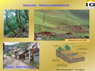 RASTEJOS: TRINCAS E ABATIMENTOS
Fonte: www.cprm.gov.br www.usgs.gov
Rastejo – Nova Friburgo RJ
Jaraguá do Sul, SC 2008
 