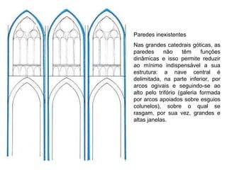 Paredes inexistentes Nas grandes catedrais góticas, as paredes não têm funções dinâmicas e isso permite reduzir ao mínimo indispensável a sua estrutura: a nave central é delimitada, na parte inferior, por arcos ogivais e seguindo-se ao alto pelo trifório (galeria formada por arcos apoiados sobre esguios colunelos), sobre o qual se rasgam, por sua vez, grandes e altas janelas. 