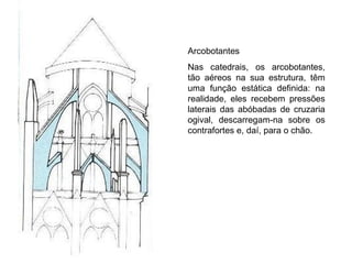 Arcobotantes Nas catedrais, os arcobotantes, tão aéreos na sua estrutura, têm uma função estática definida: na realidade, eles recebem pressões laterais das abóbadas de cruzaria ogival, descarregam-na sobre os contrafortes e, daí, para o chão. 