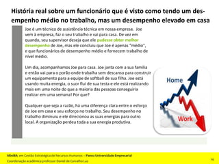 Joe é um técnico de assistência técnica em nossa empresa. Joe
vem à empresa, faz o seu trabalho e vai para casa. De vez em
quando, seu supervisor deseja que ele pudesse obter melhor
desempenho de Joe, mas ele concluiu que Joe é apenas “médio”,
e que funcionários de desempenho médio e fornecem trabalho de
nível médio.
Um dia, acompanhamos Joe para casa. Joe janta com a sua família
e então vai para o porão onde trabalha sem descanso para construir
um equipamento para a equipe de softball de sua filha. Joe está
usando muita energia, o suor flui de sua testa e ele está realizando
mais em uma noite do que a maioria das pessoas conseguiria
realizar em uma semana! Por que?
Qualquer que seja a razão, há uma diferença clara entre o esforço
de Joe em casa e seu esforço no trabalho. Seu desempenho no
trabalho diminuiu e ele direcionou as suas energias para outro
local. A organização perdeu toda a sua energia produtiva.
História real sobre um funcionário que é visto como tendo um des-
empenho médio no trabalho, mas um desempenho elevado em casa
MiniBA em Gestão Estratégica de Recursos Humanos – Panna Universidade Empresarial
Coordenação acadêmica professor Daniel de Carvalho Luz
14
 