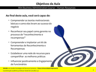 Ao final deste aula, você será capaz de:
 Compreender as teorias motivacionais
básicas e como elas levam ao sucesso do
negócio
 Reconhecer seu papel como gerente no
processo de “reconhecimento e
recompensas”
 Compreender e implantar um kit de
ferramentas de Reconhecimento e
Recompensas
 Estabelecer uma rede de recursos para
compartilhar as melhores práticas
 Influenciar positivamente o Engajamento
de Funcionários
Objetivos da Aula
MiniBA em Gestão Estratégica de Recursos Humanos – Panna Universidade Empresarial
Coordenação acadêmica professor Daniel de Carvalho Luz
Mini Business Administration Course – Human Resources
3
 