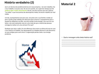 Material 2
 Qual a mensagem atrás desta história real?
_____________________________________
_____________________________________
_____________________________________
_____________________________________
Joe é um técnico de assistência técnica em nossa empresa. Joe vem trabalhar, faz
o seu trabalho e vai para casa. De vez em quando, seu supervisor deseja que ele
pudesse obter melhor desempenho de Joe, mas ele concluiu que Joe é apenas
“na média” e que funcionários de desempenho médio, fornecem trabalho de nível
médio.
Um dia, acompanhamos Joe para casa. Joe janta com a sua família e então vai
para o porão onde trabalha sem descanso para construir o equipamento para a
equipe de softball de sua filha. Joe está usando muita energia, com suor em sua
testa, e ele está realizando mais em uma noite do que a maioria das pessoas
conseguiria realizar em uma semana! Por que?
Qualquer que seja a razão, há uma diferença clara entre os esforço de Joe em casa
e seu esforço no trabalho. Seu desempenho no trabalho diminuiu e ele direcionou
as suas energias para outro local. O organização perdeu toda a sua energia
produtiva.
História verdadeira (2)
 
