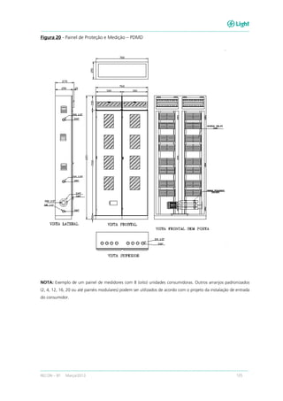 RECON – BT Março/2013 135
Figura 20 - Painel de Proteção e Medição – PDMD
NOTA: Exemplo de um painel de medidores com 8 (oito) unidades consumidoras. Outros arranjos padronizados
(2, 4, 12, 16, 20 ou até painéis modulares) podem ser utilizados de acordo com o projeto da instalação de entrada
do consumidor.
 