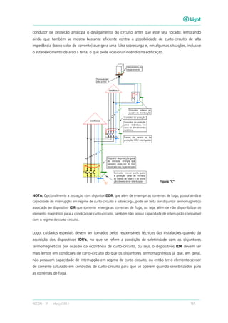 RECON – BT Março/2013 165
Figura “C”
condutor de proteção antecipa o desligamento do circuito antes que este seja tocado; lembrando
ainda que também se mostra bastante eficiente contra a possibilidade de curto-circuito de alta
impedância (baixo valor de corrente) que gera uma falsa sobrecarga e, em algumas situações, inclusive
o estabelecimento de arco à terra, o que pode ocasionar incêndio na edificação.
NOTA: Opcionalmente a proteção com disjuntor DDR, que além de enxergar as correntes de fuga, possui ainda a
capacidade de interrupção em regime de curto-circuito e sobrecarga, pode ser feita por disjuntor termomagnético
associado ao dispositivo IDR que somente enxerga as correntes de fuga, ou seja, além de não disponibilizar os
elemento magnético para a condição de curto-circuito, também não possui capacidade de interrupção compatível
com o regime de curto-circuito.
Logo, cuidados especiais devem ser tomados pelos responsáveis técnicos das instalações quando da
aquisição dos dispositivos IDR’s, no que se refere a condição de seletividade com os disjuntores
termomagnéticos por ocasião da ocorrência de curto-circuito, ou seja, o dispositivos IDR devem ser
mais lentos em condições de curto-circuito do que os disjuntores termomagnéticos já que, em geral,
não possuem capacidade de interrupção em regime de curto-circuito, ou então ter o elemento sensor
de corrente saturado em condições de curto-circuito para que só operem quando sensibilizados para
as correntes de fuga.
 