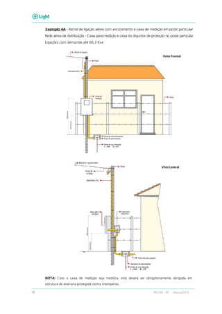 98 RECON – BT Março/2013
Exemplo 4A - Ramal de ligação aéreo com ancoramento e caixa de medição em poste particular.
Rede aérea de distribuição - Caixa para medição e caixa do disjuntor de proteção no poste particular.
Ligações com demanda até 66,3 Kva
NOTA: Caso a caixa de medição seja metálica, esta deverá ser obrigatoriamente abrigada em
estrutura de alvenaria protegida contra intempéries.
Vista Lateral
Vista Frontal
 