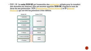  TCP / IP : La suite TCP/IP est l'ensemble des protocoles utilisés pour le transfert

des données sur Internet. Elle est souvent appelée TCP/IP, d'après le nom de
deux de ses protocoles : TCP (Transmission Control Protocol) et IP (Internet
Protocol), qui ont été les premiers à être définis.

 