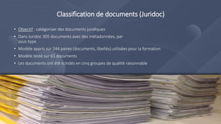 Classification de documents (Juridoc)
• Objectif : catégoriser des documents juridiques
• Dans Juridoc 305 documents avec des métadonnées, par
sous-type
• Modèle appris sur 244 paires (documents, libellés) utilisées pour la formation
• Modèle testé sur 61 documents
• Les documents ont été scindés en cinq groupes de qualité raisonnable
 