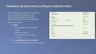 Indexation de documents juridiques (métadonnées)
• À la réception d'un document juridique,
celui-ci doit être classé dans une
dossier électronique et certaines
informations doivent être enregistrées
• Nous faisons cela
• via NER :
• Numéros BCE, numéros ONSS
• Dates
• Sommes d'argent
• ( ? Expéditeur / destinataire)
• ( ? Sujet)
• Via la classification de documents :
• Quel est le type/sous-type de document ?
 