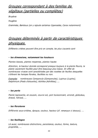 44
Groupes correspondant à des familles de
végétaux (partielles ou complètes)
Bruyères
Fougères
Graminées, Bambous (on y rajoute certaines Cyperacées, Carex notamment)
Groupes déterminés à partir de caractéristiques
physiques.
Différents critères peuvent être pris en compte, les plus courants sont
- les dimensions, notamment les hauteurs
Plantes basses, plantes moyennes, plantes hautes
Attention, la hauteur donnée correspond presque toujours à la plante fleurie, la
plante seulement feuillée peut être beaucoup plus basse. En effet de
nombreuses vivaces sont caractérisées par des rosettes de feuilles desquelles
s'élèvent les hampes florales, feuillées ou non.
Exemples nombreuses Campanula (Campanules), Lupinus (Lupins),
Delphinium (Pieds d'alouette), Achillea (Achillées), ...
- les ports
Plante tapissante, en coussin, couvre sol, port buissonnant, arrondi, globuleux,
dressé, hérissé, ...
- les floraisons
Différents sous-critères, époque, couleur, hauteur (cf. remarque ci dessus), ...
- les feuillages
Là aussi, nombreuses distinctions, persistance, couleur, forme, texture,
propriétés, ...
 