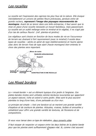 46
Les rocailles
La rocaille est l'expression des caprices les plus fous de la nature. Elle évoque
inévitablement un univers de petites fleurs précieuses, perdues entre de
grands rochers, reprenant l'image des paysages mouvementés de
montagne. Avant de se lancer dans une telle entreprise, il faut savoir que la
mise en place d'une rocaille nécessite un travail fastidieux, mais passionnant.
La rocaille est un subtil mélange entre le minéral et le végétal, il ne s'agit pas
d'un tas de cailloux fleuris! (ref. plantes-et-jardins)
Les végétaux sont choisis en fonction de leurs modes de vie en l’occurrence
de terrain sec drainant à fort rayonnement (avec le minéral) il existe deux
types de rocailles : sèche en adret de type méditerranéenne et l’autre alpine
ubac donc de terrain frais de type alpin (haute montagne) bien entendu le
choix des plantes sera important.
Les Mixed borders
La « mixed-border » est un élément typique d’un jardin à l’anglaise. Ces
plates-bandes mixtes sont utilisées comme bordures luxuriantes qui apportent
un aspect naturel, riche et coloré à votre jardin. Elles sont le plus souvent
plantées le long d’une haie, d’une palissade ou d’un mur.
Le principe est simple : c’est une bordure où se marient une grande variété
d’espèces et de couleurs de plantes. Arbustes, vivaces, bulbes et annuelles y
cohabitent pour offrir une grande variété de textures, de floraisons et de
compositions.
Si vous vous lancez dans ce type de réalisation, deux conseils utiles
Il faut essayer de respecter un espace entre les deux lisières de la plante bande
pour que les plantes aient suffisamment d'espace vital. Si, comme c'est souvent
 