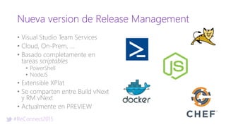 #ReConnect2015
Nueva version de Release Management
• Visual Studio Team Services
• Cloud, On-Prem, …
• Basado completamente en
tareas scriptables
• PowerShell
• NodeJS
• Extensible XPlat
• Se comparten entre Build vNext
y RM vNext
• Actualmente en PREVIEW
 