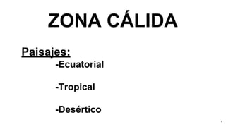 ZONA CÁLIDA
Paisajes:
-Ecuatorial
-Tropical
-Desértico
1
 