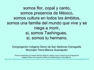 somos flor, copal y canto,
somos presencia de México,
somos cultura en todos los ámbitos,
somos una familia del mundo que vive y se
niega a morir,
si, somos Tashingues,
si, somos tu hermano.
Congregación Indígena Otomí de San Ildefonso Cieneguilla
Municipio Tierra Blanca Guanajuato.
Poema presentado por Aristeo Ramírez Moreno maestro rural a nombre de la Congregación
Indígena Otomí en la reunión pública con adherentes en Tierra Blanca .
http://www.regeneracionradio.org/index.php?option=com_content&view=article&id=435%3Asomos-tashingues&Itemid=87
 