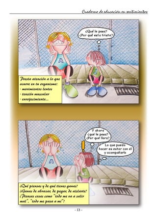 - 13 -
Cuaderno de educación en sentimientos
Presta atención a lo que
ocurre en tu organismo:
· movimientos lentos
· tensión muscular
· enrojecimiento...
¿Qué piensas y de qué tienes ganas?
¿Ganas de abrazar, de pegar, de aislarte?
¿Piensas cosas como “todo me va a salir
mal”, “todo me pasa a mí”?
 