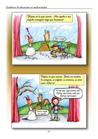 - 6 -
Cuaderno de educación en sentimientos
Fíjate en lo que ocurre . ¿Nos ayuda o nos
impide conseguir algo que deseamos?
Define lo que sientes. Ponle un nombre.
Es alegría, es enfado, es tristeza, es otra
cosa? ¿Qué es?
 