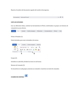 Muestra el nombre del documento seguido del nombre del programa.

CINTA DE OPCIONES
Con sus diferentes fichas, contiene las herramientas de Word, conformados en grupos con botones de
comando de acceso directo.

Fichas ó Pestañas (1)
Están diseñadas para estar orientadas a las tareas.

Grupos (2)
Incluidos en cada ficha, dividen las tareas en sub tareas
Botones de Comando (3)
Se encuentran en cada grupo y ejecutan un comando o muestran un menú de comandos.

CUADRO DE CONTROL

 
