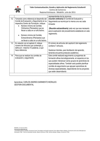 Taller Contextualización, Estudio y Aplicación del Reglamento Estudiantil
                                                                   Centro de Comercio
                                                        Regional Antioquia - Medellín, julio de 2011

                                                                         representantes de los alumnos.
12    Tomando como referencia el desarrollo del                          (reunión ordinaria) El Comité de Evaluación y
      Comité de Evaluación y Seguimiento en su                           Seguimiento se reunirá por lo menos una vez cada
      respectivo Centro de Formación, indique:                           trimestre
              Número mínimo de Comités
              Ordinarios (Planeados) que se                               (Reunión extraordinaria) cada vez que sea necesario
              llevan a cabo en un año lectivo.                           para la aplicación del procedimiento establecido en este
                                                                         reglamento.
              Número mínimo de Comités
              Extraordinarios (Planeados) que
              se llevan a cabo en un año lectivo.
13    En relación con el capitulo 6, indique      El número de artículos del capítulo 6 del reglamento
      número de Artículos que contempla, y        contiene 7 artículos.
      defina en –máximo-10 palabras, a qué
      hace referencia.                            Gestionar trámites, para facilitación del aprendiz,
                                                  teniendo encuentra protocolo académico.
14    Para que se realizan los comités de         Este comité realizará seguimiento a programas de
      evaluación y seguimiento                    formación afines tecnológicamente, en espacios en los
                                                  que puedan interactuar varios grupos de aprendices de
                                                  especialidades afines. También será posible planificar
                                                  comités de seguimiento que agrupen aprendices de
                                                  diversas especialidades, dependiendo de los proyectos
                                                  que estén desarrollando




     Aprendices: CARLOS ANDRES SARMIENTO MORALES
     GESTION DOCUMENTAL




     Medellín, 13 enero de 2011.
     Instrumento elaborado por:
      Luisa María Álvarez Londoño, Formación Centro Tecnológico de Gestión Industrial. Jhon Albeiro Manco Bedoya, Formación Centro de la Manufactura
     Avanzada–CTMA . Patricia Castañeda Heredia, Mejora Continua–CTMA. Adriana Bedoya Villegas, Formación-CTMA.
 