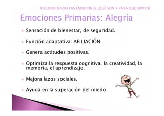 Sensación de bienestar, de seguridad.
Función adaptativa: AFILIACIÓN
Genera actitudes positivas.
Optimiza la respuesta cognitiva, la creatividad, la
memoria, el aprendizaje.
Mejora lazos sociales.
Ayuda en la superación del miedo
RECONOCIENDO LAS EMOCIONES.¿QUÉ SON Y PARA QUE SIRVEN?
 