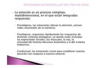 La emoción es un proceso complejo,
multidimensional, en el que están integradas
respuestas:
◦ Psicológicas, las emociones alteran la atención, activan
redes neuronales de la memoria.
◦ Fisiológicas, organizan rápidamente las respuestas de
distintos sistemas biológicos, en donde están incluidas
las expresiones faciales, los músculos, la voz, la
actividad del Sistema Nervioso Autónomo y la del sistema
endocrino.
◦ Conductual, las emociones sirven para establecer nuestra
posición con respecto a nuestro entorno.
RECONOCIENDO LAS EMOCIONES.¿QUÉ SON Y PARA QUE SIRVEN?
 