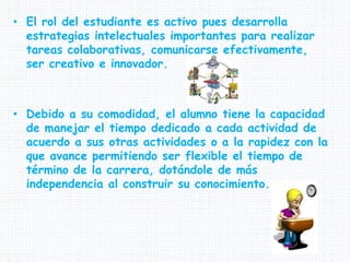 • El rol del estudiante es activo pues desarrolla
estrategias intelectuales importantes para realizar
tareas colaborativas, comunicarse efectivamente,
ser creativo e innovador.
• Debido a su comodidad, el alumno tiene la capacidad
de manejar el tiempo dedicado a cada actividad de
acuerdo a sus otras actividades o a la rapidez con la
que avance permitiendo ser flexible el tiempo de
término de la carrera, dotándole de más
independencia al construir su conocimiento.
 