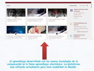 Al aprendizaje desarrollado con las nuevas tecnologías de la
comunicación se le llama aprendizaje electrónico. La plataforma
más utilizada actualmente para esta modalidad es Moodle.
 