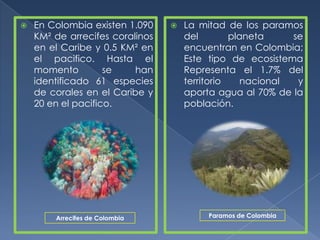    En Colombia existen 1.090       La mitad de los paramos
    KM² de arrecifes coralinos       del        planeta     se
    en el Caribe y 0.5 KM² en        encuentran en Colombia;
    el pacifico. Hasta el            Este tipo de ecosistema
    momento         se    han        Representa el 1.7% del
    identificado 61 especies         territorio    nacional  y
    de corales en el Caribe y        aporta agua al 70% de la
    20 en el pacifico.               población.




        Arrecifes de Colombia             Paramos de Colombia
 