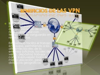    Brinda la infraestructura
    necesaria para el desarrollo
    de comunicación de datos a
    nivel empresarial con
    tecnología de vanguardia en
    redes de datos.
    Este servicio facilita el trabajo
    en equipo, permitiendo a los
    diferentes locales de la
    empresa (oficinas, locales de
    venta, depósitos) trabajar
    como si estuviesen todos en la
    misma ubicación, pese a las
    distancias geográficas.
 