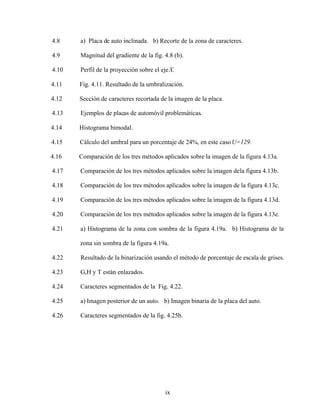 ix
4.8 a) Placa de auto inclinada. b) Recorte de la zona de caracteres.
4.9 Magnitud del gradiente de la fig. 4.8 (b).
4.10 Perfil de la proyección sobre el ejeX.
4.11 Fig. 4.11. Resultado de la umbralización.
4.12 Sección de caracteres recortada de la imagen de la placa.
4.13 Ejemplos de placas de automóvil problemáticas.
4.14 Histograma bimodal.
4.15 Cálculo del umbral para un porcentaje de 24%, en este casoU=129.
4.16 Comparación de los tres métodos aplicados sobre la imagen de la figura 4.13a.
4.17 Comparación de los tres métodos aplicados sobre la imagen dela figura 4.13b.
4.18 Comparación de los tres métodos aplicados sobre la imagen de la figura 4.13c.
4.19 Comparación de los tres métodos aplicados sobre la imagen de la figura 4.13d.
4.20 Comparación de los tres métodos aplicados sobre la imagen de la figura 4.13e.
4.21 a) Histograma de la zona con sombra de la figura 4.19a. b) Histograma de la
zona sin sombra de la figura 4.19a.
4.22 Resultado de la binarización usando el método de porcentaje de escala de grises.
4.23 G,H y T están enlazados.
4.24 Caracteres segmentados de la Fig. 4.22.
4.25 a) Imagen posterior de un auto. b) Imagen binaria de la placa del auto.
4.26 Caracteres segmentados de la fig. 4.25b.
 