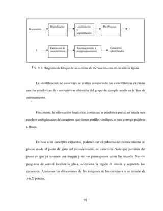 91
Fig. 5.1. Diagrama de bloque de un sistema de reconocimiento de caracteres típico.
La identificación de caracteres se realiza comparando las características extraídas
con las estadísticas de características obtenidas del grupo de ejemplo usado en la fase de
entrenamiento.
Finalmente, la información lingüística, contextual o estadística puede ser usada para
resolver ambigüedades de caracteres que tienen perfiles similares, o para corregir palabras
o frases.
En base a los conceptos expuestos, podemos ver el problema de reconocimiento de
placas desde el punto de vista del reconocimiento de caracteres. Solo que partimos del
punto en que ya tenemos una imagen y no nos preocupamos cómo fue tomada. Nuestro
programa de control localiza la placa, selecciona la región de interés y segmenta los
caracteres. Ajustamos las dimensiones de las imágenes de los caracteres a un tamaño de
16x25 pixeles.
Digitalizador Localización
y
segmentación
Pre-Proceso
Extracción de
características
Reconocimiento y
postprocesamiento
Caracteres
identificados
Documento 1
1
 