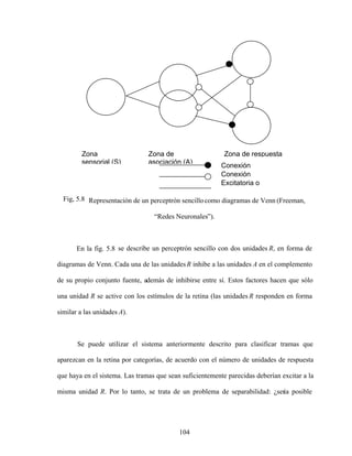 104
Fig, 5.8 Representación de un perceptrón sencillocomo diagramas de Venn (Freeman,
Redes Neuronales ).
En la fig. 5.8 se describe un perceptrón sencillo con dos unidades R, en forma de
diagramas de Venn. Cada una de las unidadesR inhibe a las unidades A en el complemento
de su propio conjunto fuente, además de inhibirse entre sí. Estos factores hacen que sólo
una unidad R se active con los estímulos de la retina (las unidades R responden en forma
similar a las unidades A).
Se puede utilizar el sistema anteriormente descrito para clasificar tramas que
aparezcan en la retina por categorías, de acuerdo con el número de unidades de respuesta
que haya en el sistema. Las tramas que sean suficientemente parecidas deberían excitar a la
misma unidad R. Por lo tanto, se trata de un problema de separabilidad: ¿sería posible
Zona
sensorial (S)
Zona de respuesta
Zona de
asociación (A)
Conexión
Conexión
Excitatoria o
 