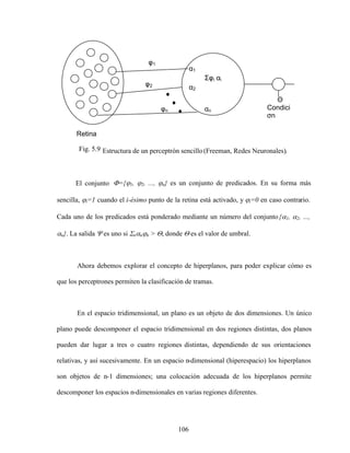 106
Fig. 5.9 Estructura de un perceptrón sencillo(Freeman, Redes Neuronales).
El conjunto ={ 1, 2, ..., n} es un conjunto de predicados. En su forma más
sencilla, i=1 cuando el i-ésimo punto de la retina está activado, y i=0 en caso contrario.
Cada uno de los predicados está ponderado mediante un número del conjunto{ 1, 2, ...,
n}. La salida es uno si n n n > , donde es el valor de umbral.
Ahora debemos explorar el concepto de hiperplanos, para poder explicar cómo es
que los perceptrones permiten la clasificación de tramas.
En el espacio tridimensional, un plano es un objeto de dos dimensiones. Un único
plano puede descomponer el espacio tridimensional en dos regiones distintas, dos planos
pueden dar lugar a tres o cuatro regiones distintas, dependiendo de sus orientaciones
relativas, y así sucesivamente. En un espacio n-dimensional (hiperespacio) los hiperplanos
son objetos de n-1 dimensiones; una colocación adecuada de los hiperplanos permite
descomponer los espacios n-dimensionales en varias regiones diferentes.
i i
1
2
n
1
2
n
Condici
n
umbral
Retina
 