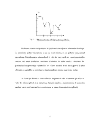 117
Fig. 5.12 Mínimos locales (Z1,Z2) y globales (Zmin).
Finalmente, tenemos el problema de que la red converja a un mínimo localen lugar
de un mínimo global. Una vez que la red cae en un mínimo, ya sea global o local, cesa el
aprendizaje. Si se alcanza un mínimo local, el valor del error puede ser excesivamente alto,
aunque esto puede resolverse cambiando el número de nodos oculto
s, cambiando los
parámetros del aprendizaje o cambiando los valores iniciales de los pesos; pero si el error
obtenido es aceptable, no importa si se ha alcanzado un mínimo local o uno global.
Un factor que durante la elaboración del programa de BPN se encontró que afecta al
valor del mínimo global, es el número de elemento ocultos: a mayor número de elementos
ocultos, menor es el valor del error mínimo que se puede alcanzar (mínimo global).
Ep
Z1
Z2
Zmi
 