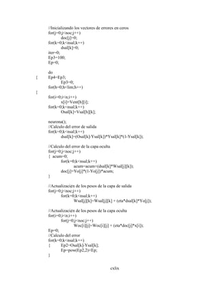 cxlix
//Inicializando los vectores de errores en ceros
for(j=0;j<noc;j++)
doc[j]=0;
for(k=0;k<nsal;k++)
dsal[k]=0;
iter=0;
Ep3=100;
Ep=0;
do
{ Ep4=Ep3;
Ep3=0;
for(h=0;h<lim;h++)
{
for(i=0;i<n;i++)
x[i]=Vent[h][i];
for(k=0;k<nsal;k++)
Osal[k]=Vsal[h][k];
neurona();
//Calculo del error de salida
for(k=0;k<nsal;k++)
dsal[k]=(Osal[k]-Ysal[k])*Ysal[k]*(1-Ysal[k]);
//Calculo del error de la capa oculta
for(j=0;j<noc;j++)
{ acum=0;
for(k=0;k<nsal;k++)
acum=acum+(dsal[k]*Wsal[j][k]);
doc[j]=Yo[j]*(1-Yo[j])*acum;
}
//Actualizaci¢n de los pesos de la capa de salida
for(j=0;j<noc;j++)
for(k=0;k<nsal;k++)
Wsal[j][k]=Wsal[j][k] + (eta*dsal[k]*Yo[j]);
//Actualizaci¢n de los pesos de la capa oculta
for(i=0;i<n;i++)
for(j=0;j<noc;j++)
Woc[i][j]=Woc[i][j] + (eta*doc[j]*x[i]);
Ep=0;
//Calculo del error
for(k=0;k<nsal;k++)
{ Ep2=Osal[k]-Ysal[k];
Ep=pow(Ep2,2)+Ep;
}
 