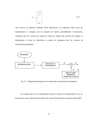 13
(2.1)
,
.
.
2
1
xn
x
x
X
(los vectores se indicarán mediante letras mayúsculas y en negritas). Cada vector de
características se compara con un conjunto de valores preestablecido o diccionario,
compuesto por los vectores de rasgos de todos los objetos del universo de trabajo; la
comparación se basa en determinar su grado de semejanza con los vectores de
características prototipos.
Fig. 2.1 Diagrama de bloques de un sistema de reconocimiento de patrones
La notación que se usa normalmente para los vectores de características es en la
forma de un vector columna. Para indicar los vectores horizontales se usará la notaciónXT
.
UNIVERSO
SEGMENTACIÓN Extracción de
Características
Base de datos
(Biblioteca)
Objetos del universo
X1 . Xn
Xi Xs
 