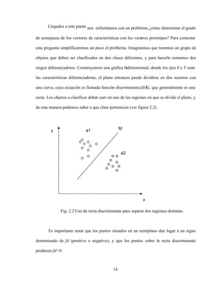 14
Llegados a este punto nos enfrentamos con un problema ¿cómo determinar el grado
de semejanza de los vectores de características con los vectores prototipos? Para contestar
esta pregunta simplificaremos un poco el problema. Imaginemos que tenemos un grupo de
objetos que deben ser clasificados en dos clases diferentes, y para hacerlo tomamos dos
rasgos diferenciadores. Construyamos una gráfica bidimensional, donde los ejes X e Y sean
las características diferenciadoras; el plano entonces puede dividirse en dos sectores con
una curva, cuya ecuación es llamada función discriminantefd(X), que generalmente es una
recta. Los objetos a clasificar deben caer en una de las regiones en que se divide el plano, y
de esta manera podemos saber a que clase pertenecen (ver figura 2.2).
Fig. 2.2 Uso de recta discriminante para separar dos regiones distintas.
Es importante notar que los puntos situados en un semiplano dan lugar a un signo
determinado de fd (positivo o negativo), y que los puntos sobre la recta discriminante
producen fd=0.
y
x
fd
a1
a2
 
