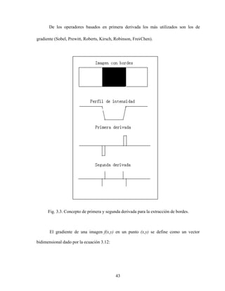 43
De los operadores basados en primera derivada los más utilizados son los de
gradiente (Sobel, Prewitt, Roberts, Kirsch, Robinson, Frei-Chen).
Fig. 3.3. Concepto de primera y segunda derivada para la extracción de bordes.
El gradiente de una imagen f(x,y) en un punto (x,y) se define como un vector
bidimensional dado por la ecuación 3.12:
 