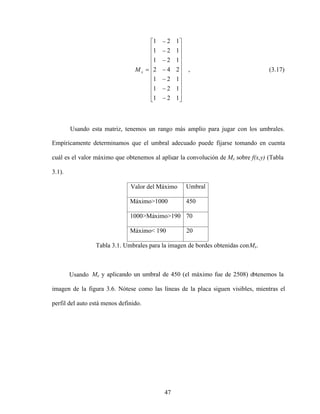 47
1
2
1
1
2
1
1
2
1
2
4
2
1
2
1
1
2
1
1
2
1
x
M , (3.17)
Usando esta matriz, tenemos un rango más amplio para jugar con los umbrales.
Empíricamente determinamos que el umbral adecuado puede fijarse tomando en cuenta
cuál es el valor máximo que obtenemos al aplicar la convolución de Mx sobre f(x,y) (Tabla
3.1).
Valor del Máximo Umbral
Máximo>1000 450
1000>Máximo>190 70
Máximo< 190 20
Tabla 3.1. Umbrales para la imagen de bordes obtenidas conMx.
Usando Mx y aplicando un umbral de 450 (el máximo fue de 2508) obtenemos la
imagen de la figura 3.6. Nótese como las líneas de la placa siguen visibles, mientras el
perfil del auto está menos definido.
 