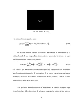 50
Fig. 3.8 Imagen de w(x,y).
y la antitransformada se define como:
1
0
1
0
2
exp
)
,
(
)
,
(
M
u
N
v
N
vy
M
ux
j
v
u
F
y
x
f , (3.19)
Se necesitan muchos recursos de cómputo para calcular la transformada y la
antitransformada de una imagen. Pero aún así podemos reacomodar los térmi
nos de la ec.
3.18 para aumentar la velocidad del proceso:
1
0
1
0
2
exp
)
,
(
2
exp
1
)
,
(
N
y
M
x N
vy
j
y
x
f
M
ux
j
MN
v
u
F , (3.20)
Esto significa que la transformada de Fourier es separable, podemos calcular primero las
transformadas unidimensionales de los renglones de la imagen, y a partir de esta imagen
intermedia, calcular la transformada unidimensional de las columnas. También podemos
intercambiar el orden de las operaciones.
Aún aplicando la separabilidad de la Transformada de Fourier, el proceso sigue
siendo lento. Pero si las dimensiones de la imagen son potencias enteras de dos, podemos
 