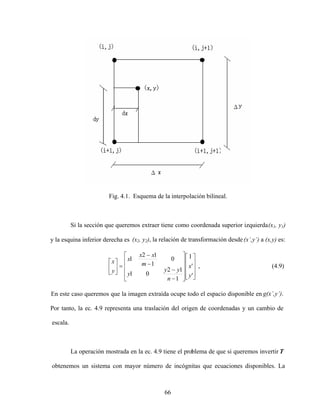 66
Fig. 4.1. Esquema de la interpolación bilineal.
Si la sección que queremos extraer tiene como coordenada superior izquierda(x1, y1)
y la esquina inferior derecha es (x2, y2), la relación de transformación desde (x ,y ) a (x,y) es:
'
'
1
1
1
2
0
1
0
1
1
2
1
y
x
n
y
y
y
m
x
x
x
y
x
, (4.9)
En este caso queremos que la imagen extraída ocupe todo el espacio disponible en g(x ,y ).
Por tanto, la ec. 4.9 representa una traslación del origen de coordenadas y un cambio de
escala.
La operación mostrada en la ec. 4.9 tiene el problema de que si queremos invertir T
obtenemos un sistema con mayor número de incógnitas que ecuaciones disponibles. La
 