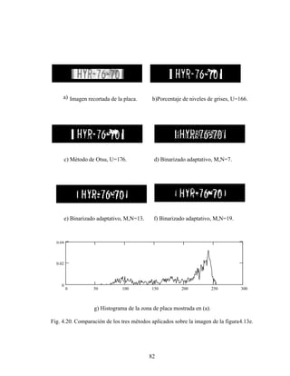 82
a) Imagen recortada de la placa. b)Porcentaje de niveles de grises, U=166.
c) Método de Otsu, U=176. d) Binarizado adaptativo, M,N=7.
e) Binarizado adaptativo, M,N=13. f) Binarizado adaptativo, M,N=19.
g) Histograma de la zona de placa mostrada en (a).
Fig. 4.20. Comparación de los tres métodos aplicados sobre la imagen de la figura4.13e.
0 50 100 150 200 250 300
0
0.02
0.04
 