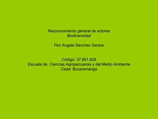 Reconocimiento general de actores
                   Biodiversidad

             Flor Angela Sánchez Santos


                  Código: 37.891.628
Escuela de Ciencias Agropecuarias y del Medio Ambiente
                 Cead: Bucaramanga
 