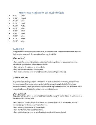 Manejo uso y aplicación del nivel y brújula
 N45° Árbol
 N106° Poste 1
 N125° Jalón
 N191° Poste
 N274° Poste
 N278° Jalón
 N289° Árbol
 N305° Poste
 N307° Jalón
 N319° poste
 N343° Jalón
LA BRUJULA
Luegode explicarlosconceptosorientación,puntoscardinalesydireccioneshablemosahoradel
instrumentoparamedirdireccionesenel terreno:labrújula
¿Para qué sirve?
- Para medirlosrumbos(ángulosconrespectoal norte magnético) enlaque se encuentran
referenciasque podemosobservarenel terreno.
- Para indicarladirecciónde un rumbodado.
- Para marchar enuna direcciónconstante.
- Para medirdistanciasenel terreno(medianteuncálculotrigonométrico)
¿Cuántos tipos hay?
Hay variostiposde brújulasperohablaremosde losmásutilizadosentrekking,exploraciones
terrestres,expedicionesosenderismo:Lasbrújulascartográficasylasbrújulaslensáticas.
Es un instrumentosimple que permite lamediciónde ángulosenel terrenoconrespectoal norte
magnético(rumbos),loscualesutilizaremoscomodirecciones.
¿Para qué sirve?
Se puedenutilizarsolasoencombinaciónconlascartas topográficas.Enel caso de utilizarlasinla
carta topográficasirvenpara:
- Para medirlosrumbos(ángulosconrespectoal norte magnético) enlaque se encuentran
referenciasque podemosobservarenel terreno.
- Para indicarladirecciónde un rumbodado.
- Para marchar enuna direcciónconstante.
- Para medirdistanciasenel terreno(medianteuncálculotrigonométrico)
 