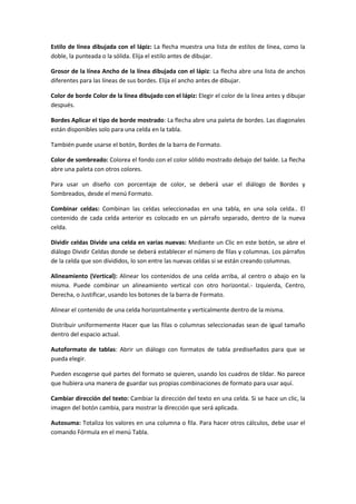 Estilo de línea dibujada con el lápiz: La flecha muestra una lista de estilos de línea, como la
doble, la punteada o la sólida. Elija el estilo antes de dibujar.
Grosor de la línea Ancho de la línea dibujada con el lápiz: La flecha abre una lista de anchos
diferentes para las líneas de sus bordes. Elija el ancho antes de dibujar.
Color de borde Color de la línea dibujado con el lápiz: Elegir el color de la línea antes y dibujar
después.
Bordes Aplicar el tipo de borde mostrado: La flecha abre una paleta de bordes. Las diagonales
están disponibles solo para una celda en la tabla.
También puede usarse el botón, Bordes de la barra de Formato.
Color de sombreado: Colorea el fondo con el color sólido mostrado debajo del balde. La flecha
abre una paleta con otros colores.
Para usar un diseño con porcentaje de color, se deberá usar el diálogo de Bordes y
Sombreados, desde el menú Formato.
Combinar celdas: Combinan las celdas seleccionadas en una tabla, en una sola celda.. El
contenido de cada celda anterior es colocado en un párrafo separado, dentro de la nueva
celda.
Dividir celdas Divide una celda en varias nuevas: Mediante un Clic en este botón, se abre el
diálogo Dividir Celdas donde se deberá establecer el número de filas y columnas. Los párrafos
de la celda que son divididos, lo son entre las nuevas celdas si se están creando columnas.
Alineamiento (Vertical): Alinear los contenidos de una celda arriba, al centro o abajo en la
misma. Puede combinar un alineamiento vertical con otro horizontal.- Izquierda, Centro,
Derecha, o Justificar, usando los botones de la barra de Formato.
Alinear el contenido de una celda horizontalmente y verticalmente dentro de la misma.
Distribuir uniformemente Hacer que las filas o columnas seleccionadas sean de igual tamaño
dentro del espacio actual.
Autoformato de tablas: Abrir un diálogo con formatos de tabla prediseñados para que se
pueda elegir.
Pueden escogerse qué partes del formato se quieren, usando los cuadros de tildar. No parece
que hubiera una manera de guardar sus propias combinaciones de formato para usar aquí.
Cambiar dirección del texto: Cambiar la dirección del texto en una celda. Si se hace un clic, la
imagen del botón cambia, para mostrar la dirección que será aplicada.
Autosuma: Totaliza los valores en una columna o fila. Para hacer otros cálculos, debe usar el
comando Fórmula en el menú Tabla.

 