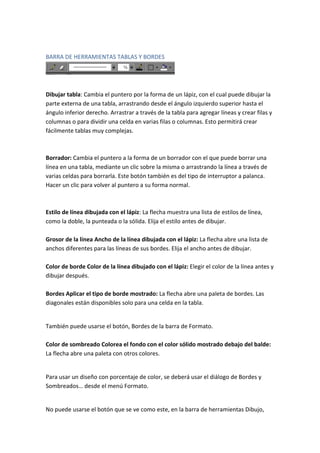 BARRA DE HERRAMIENTAS TABLAS Y BORDES

Dibujar tabla: Cambia el puntero por la forma de un lápiz, con el cual puede dibujar la
parte externa de una tabla, arrastrando desde el ángulo izquierdo superior hasta el
ángulo inferior derecho. Arrastrar a través de la tabla para agregar líneas y crear filas y
columnas o para dividir una celda en varias filas o columnas. Esto permitirá crear
fácilmente tablas muy complejas.

Borrador: Cambia el puntero a la forma de un borrador con el que puede borrar una
línea en una tabla, mediante un clic sobre la misma o arrastrando la línea a través de
varias celdas para borrarla. Este botón también es del tipo de interruptor a palanca.
Hacer un clic para volver al puntero a su forma normal.

Estilo de línea dibujada con el lápiz: La flecha muestra una lista de estilos de línea,
como la doble, la punteada o la sólida. Elija el estilo antes de dibujar.
Grosor de la línea Ancho de la línea dibujada con el lápiz: La flecha abre una lista de
anchos diferentes para las líneas de sus bordes. Elija el ancho antes de dibujar.
Color de borde Color de la línea dibujado con el lápiz: Elegir el color de la línea antes y
dibujar después.
Bordes Aplicar el tipo de borde mostrado: La flecha abre una paleta de bordes. Las
diagonales están disponibles solo para una celda en la tabla.

También puede usarse el botón, Bordes de la barra de Formato.
Color de sombreado Colorea el fondo con el color sólido mostrado debajo del balde:
La flecha abre una paleta con otros colores.

Para usar un diseño con porcentaje de color, se deberá usar el diálogo de Bordes y
Sombreados… desde el menú Formato.

No puede usarse el botón que se ve como este, en la barra de herramientas Dibujo,

 