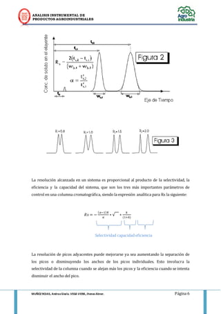 ANALISIS INSTRUMENTAL DE 
PRODUCTOS AGROINDUSTRIALES 
MUÑOZ ROJAS, Andrea Gisela. VEGA VIERA, Jhonas Abner. Página 6 
La resolución alcanzada en un sistema es proporcional al producto de la selectividad, la eficiencia y la capacidad del sistema, que son los tres más importantes parámetros de control en una columna cromatográfica, siendo la expresión analítica para Rs la siguiente: 
( ) √ ( ) 
Selectividad capacidad eficiencia 
La resolución de picos adyacentes puede mejorarse ya sea aumentando la separación de los picos o disminuyendo los anchos de los picos individuales. Esto involucra la selectividad de la columna cuando se alejan más los picos y la eficiencia cuando se intenta disminuir el ancho del pico. 
 