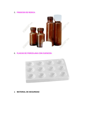 5. FRASCOS​ ​DE​ ​ROSCA:
6. PLACAS​ ​DE​ ​PORCELANA​ ​CON​ ​CUENCOS:
● MATERIAL​ ​DE​ ​SEGURIDAD
 
