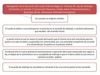 Denegación de la Ejecución del Laudo Arbitral (Según el Artículo 49 Ley de Arbitraje
Comercial y el artículo V Convención Naciones Unidas sobre el Reconocimiento y
Ejecución de las Sentencias Arbitrales Extranjeras)
Las causales se originan cuando:
El Laudo se refiera a una controversia no prevista en el acuerdo de arbitraje, o contiene decisiones
que exceden del acuerdo mismo
La parte contra la cual se invoca el Laudo demuestre que el mismo no es aún vinculante para las
partes o ha sido anulado o suspendido con anterioridad, por una autoridad competente de acuerdo
a lo convenido por las partes en el proceso arbitral
El tribunal ante el cual se plantea el reconocimiento o ejecución del Laudo compruebe que según la
ley, el objeto de la controversia no es susceptible de arbitraje o que la materia sobre la cual versa es
contraria al orden público
El acuerdo de arbitraje no sea válido en virtud de la ley a la cual las partes lo han sometido
 