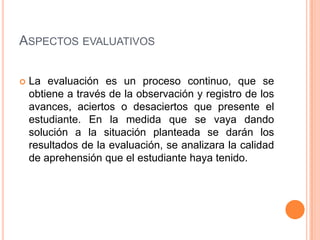 Aspectos evaluativosLa evaluación es un proceso continuo, que se obtiene a través de la observación y registro de los avances, aciertos o desaciertos que presente el estudiante. En la medida que se vaya dando solución a la situación planteada se darán los resultados de la evaluación, se analizara la calidad de aprehensión que el estudiante haya tenido.