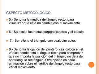 Aspecto metodológico5.- Se toma la medida del ángulo recto, para visualizar que éste no cambia con el movimiento.6.- Se oculta las rectas perpendiculares y el círculo. 7.- Se rellena el triangulo con cualquier color.8.- Se toma la opción del puntero y se coloca en el vértice donde está el ángulo recto para comprobar que no importa la posición del triángulo no deja de ser triangulo rectángulo. Otra opción es darle animación sobre el  vértice del ángulo recto para ver el movimiento.